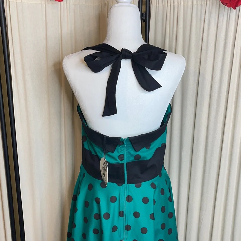 πHPπNWT- HELL BUNNY VIXEN GREEN & BLACK HALTER PINUP DRESS SIZE LARGE - Picture 8 of 15
